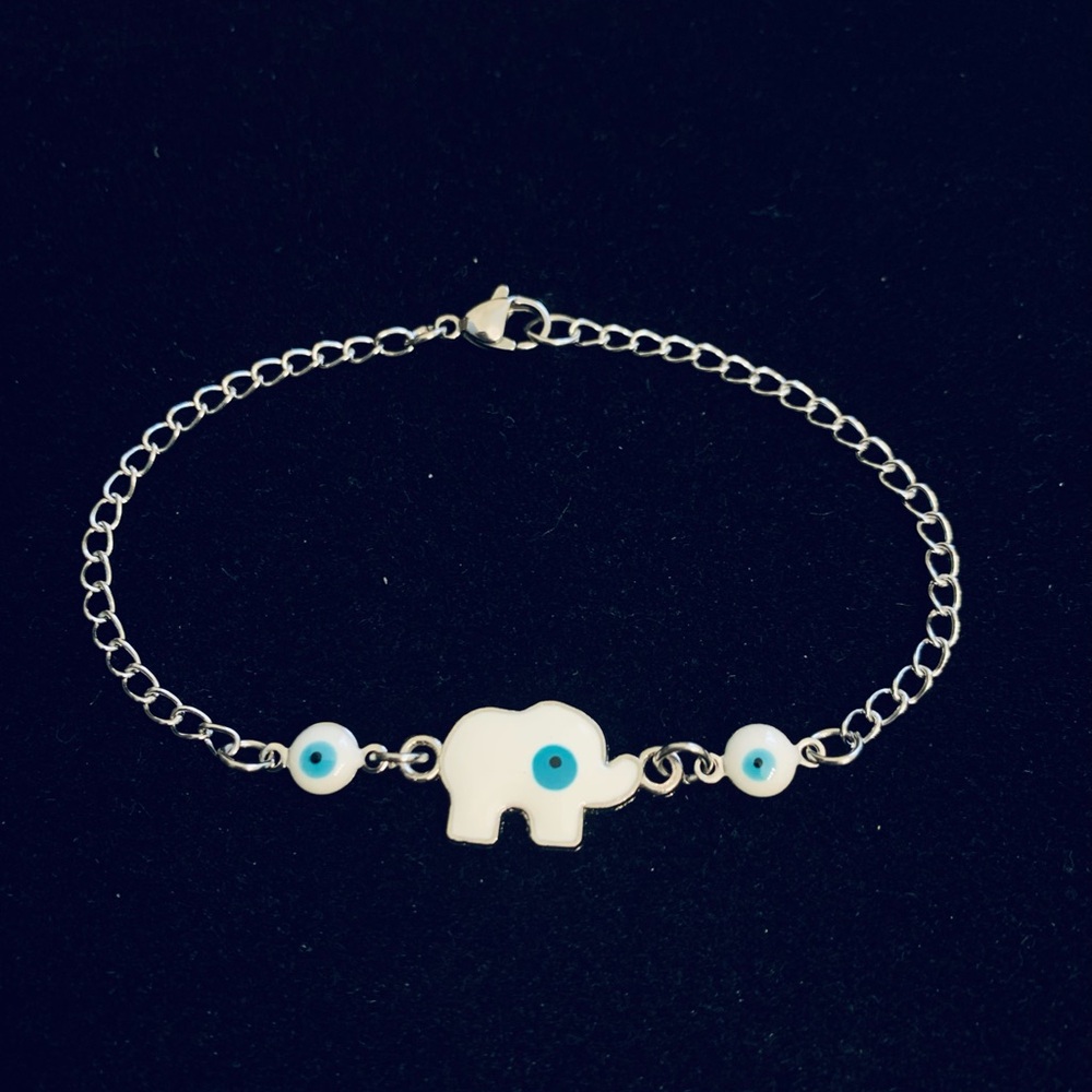 White/Teal Elephant Evil Eye chain bracelet or anklet